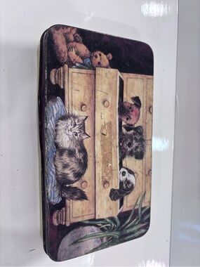 Vintage Animal Tin with Kitten and Puppies Illustration - Purple Accents